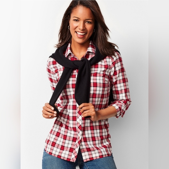 Talbots Red Multi Shimmer Plaid  Long Sleeve Button Down Shirt Size 2X - Picture 2 of 9
